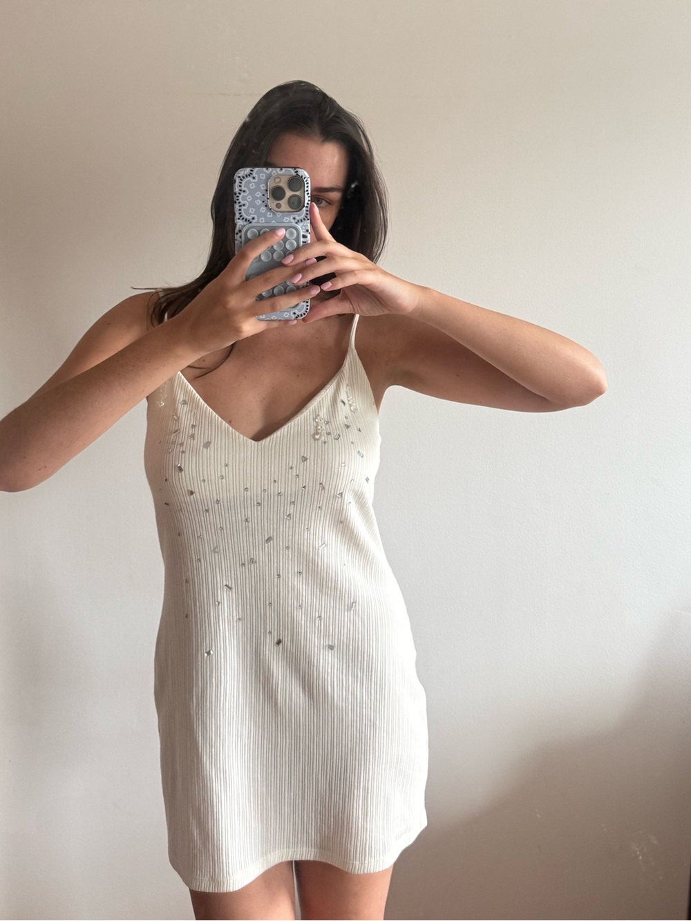 Zara white knit mini dress with silver rhinestones